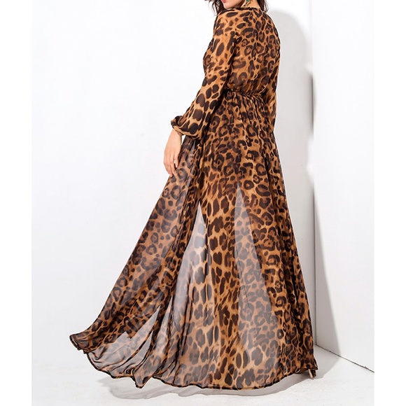 Leopard Print Plunge Chiffon Maxi Jumpsuit Dress - Picture 2 of 5
